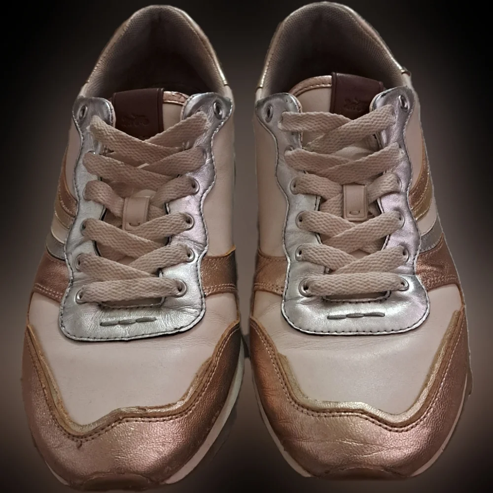 COACH Wave Patchwork Runner Beige Rose Silver Gold Wave Stripes Women's Size 8.5